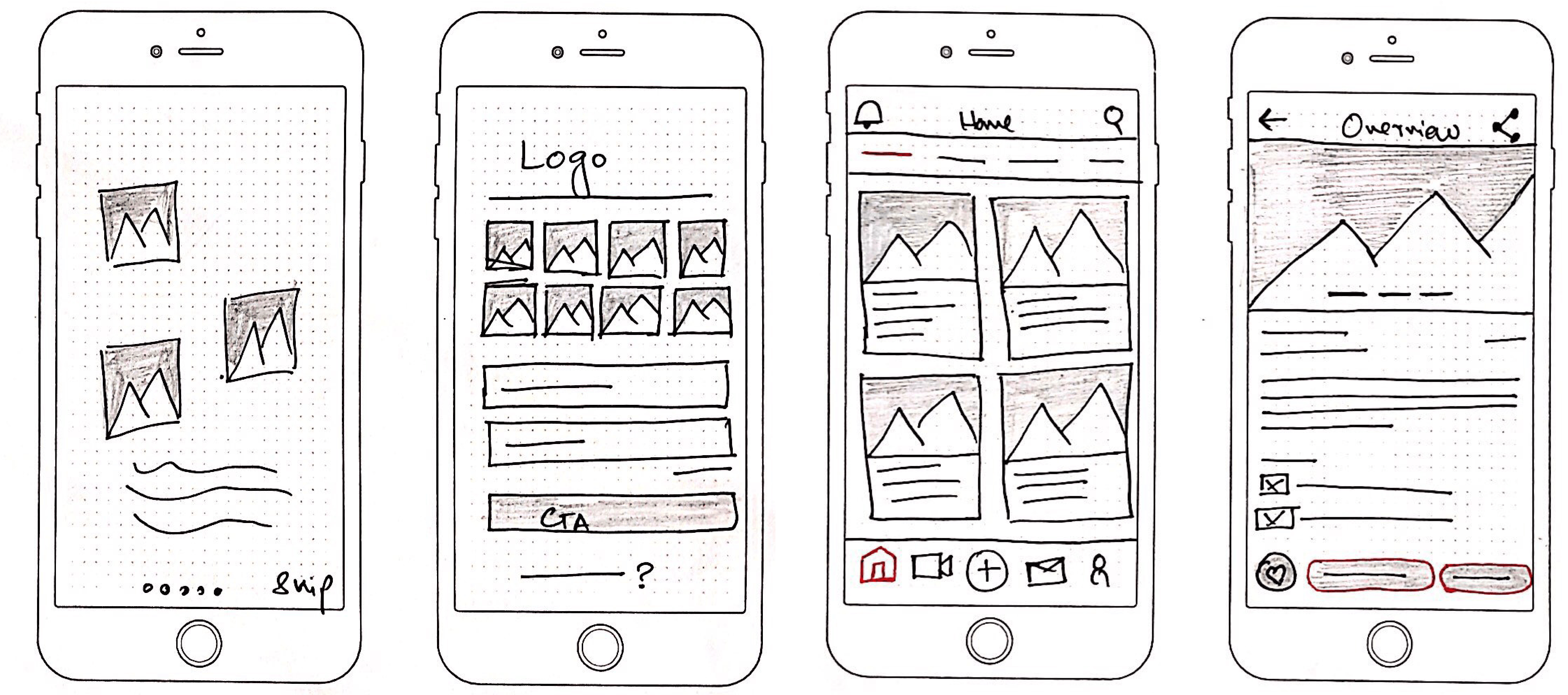 Wireframe sketches, onboarding & browse