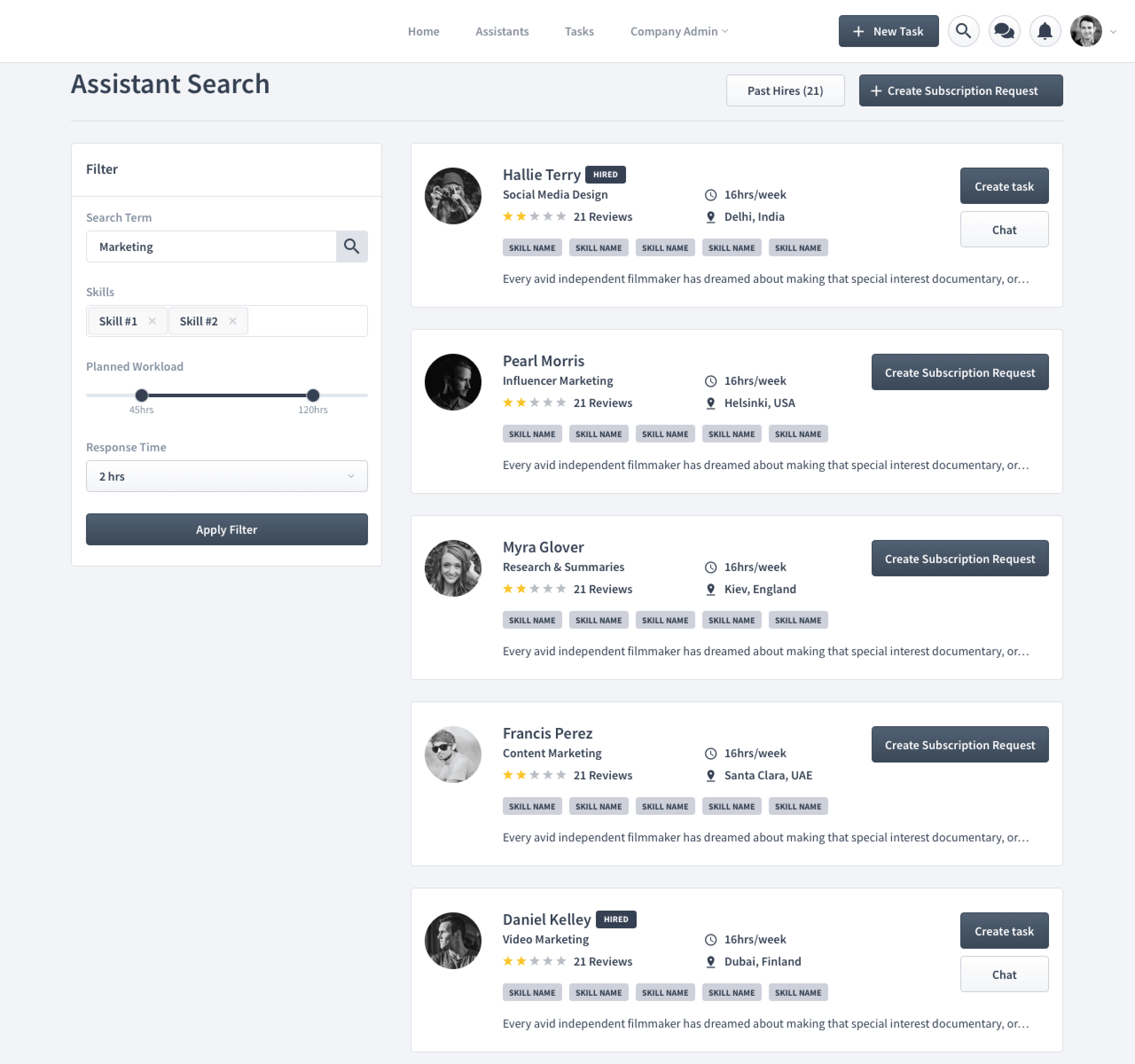 Assistant search wireframe